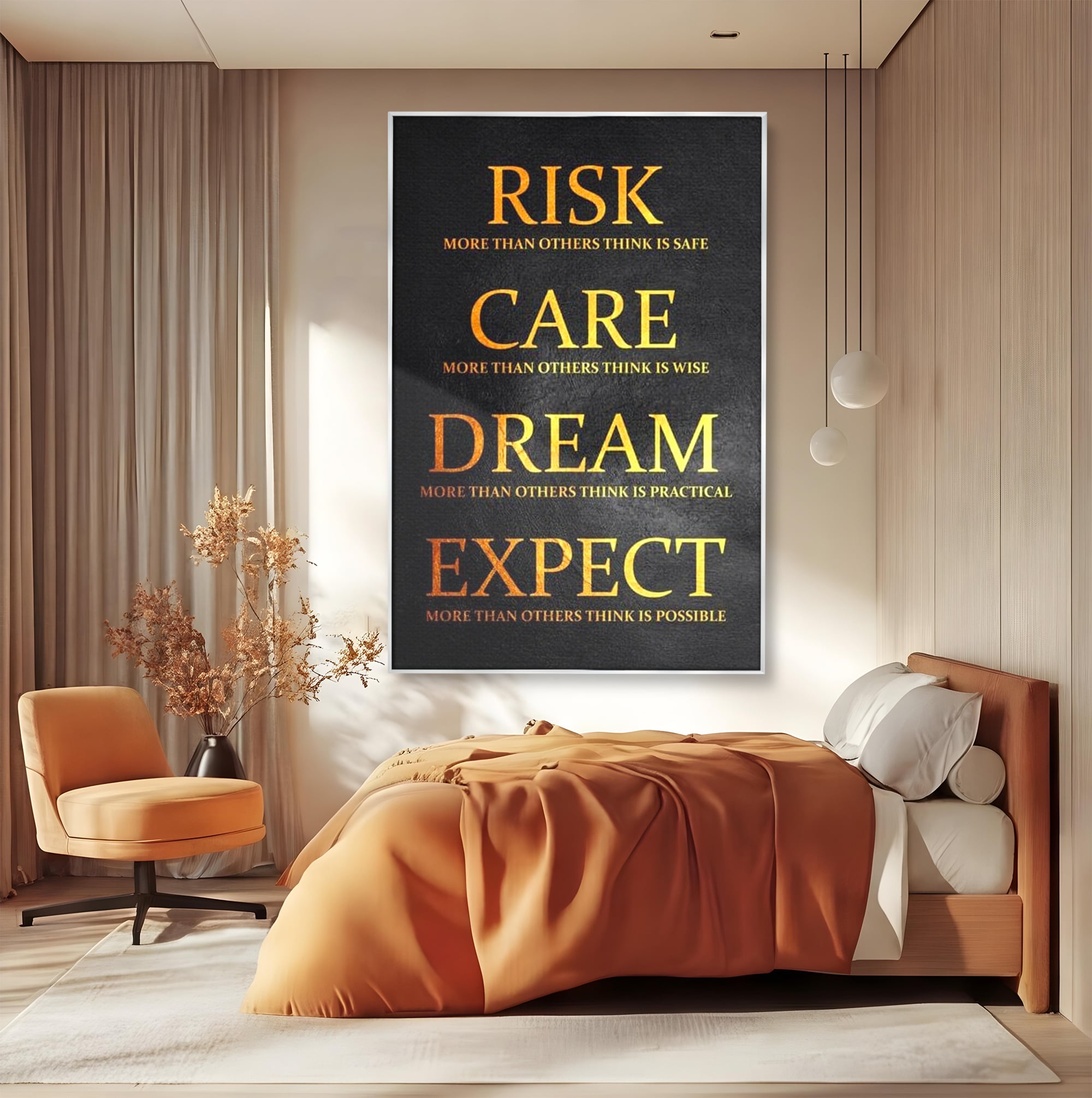 Tablou canvas cu tablou canvas cu citat motivational, in rama de aluminiu argintiu, pe perete intr-un dormitor